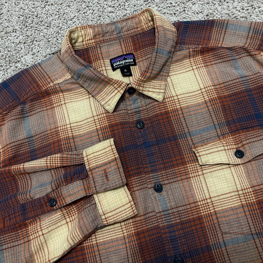 Patagonia Lightweight Fjord Flannel Shirt Organic Orange Brown Plaid Mens XL